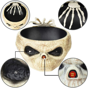 Halloween candy skull bowl with movable skeleton hand